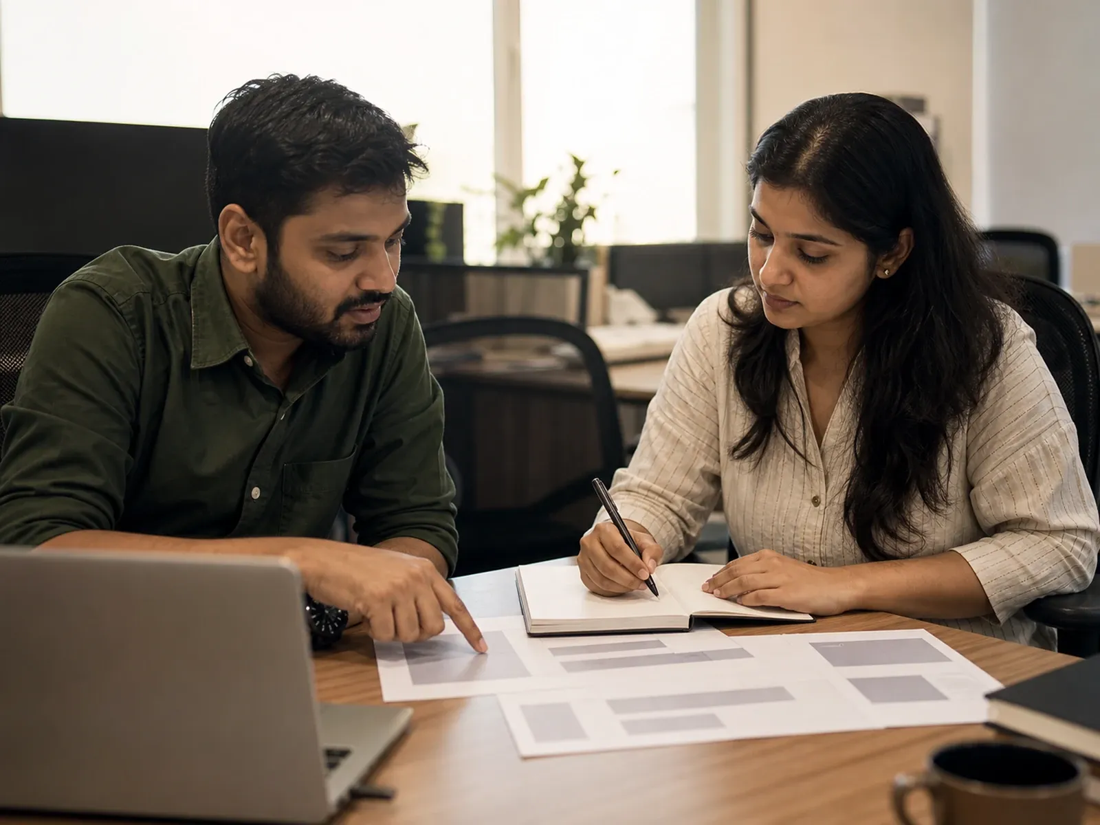Two members of the SEO Champ team reviewing a client's site and strategy on screen