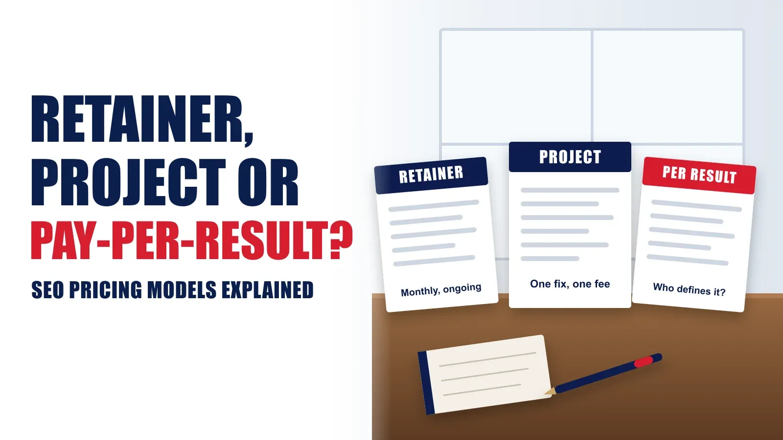 Three SEO proposals side by side on a desk, labelled retainer, project and per result