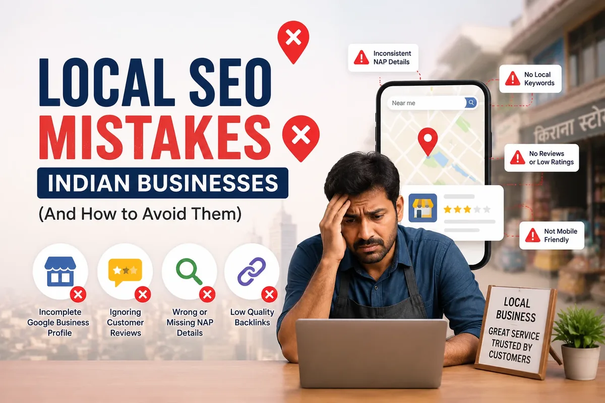 Frustrated shop owner looking at a laptop, surrounded by icons flagging inconsistent NAP details, missing local keywords, low ratings and a non-mobile-friendly site