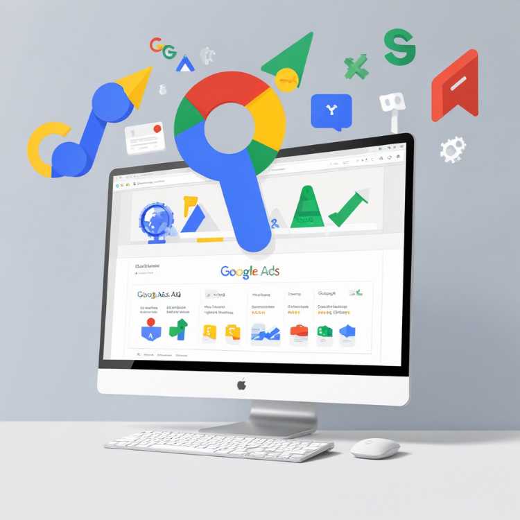 Google advertisement highlighting Google Ads platform displayed on a desktop screen, surrounded by colorful 3D icons representing tools and features.