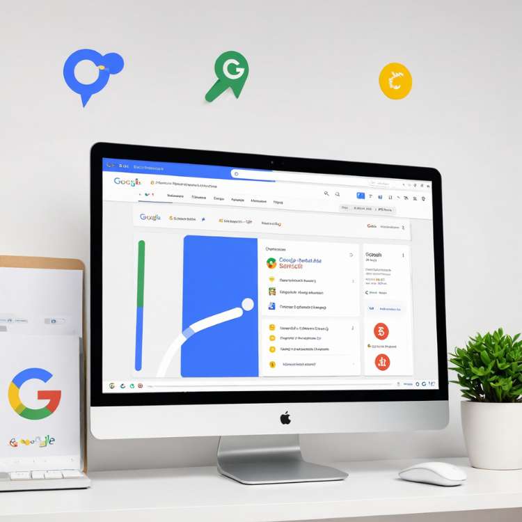 Google advertisement featuring a desktop screen displaying Google search and business tools, accompanied by decorative icons and a clean workspace setup with a potted plant