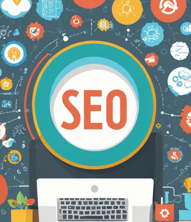 Illustration of the term 'SEO' in a circular design surrounded by colorful icons representing various digital marketing and optimization tools, with a laptop and plants at the bottom.